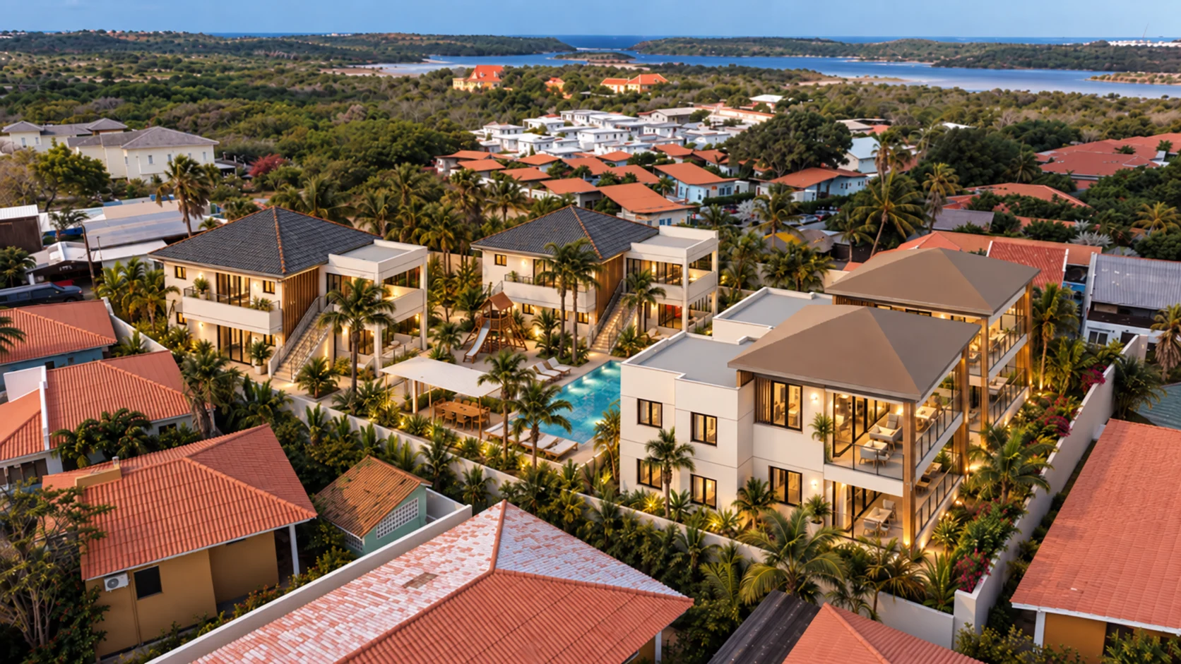 Aerial render of Baliza Verde with residences around the shared pool