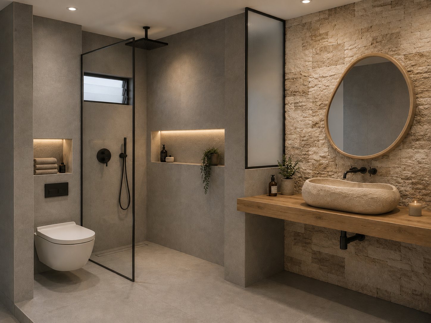 Grey-toned bathroom with walk-in shower