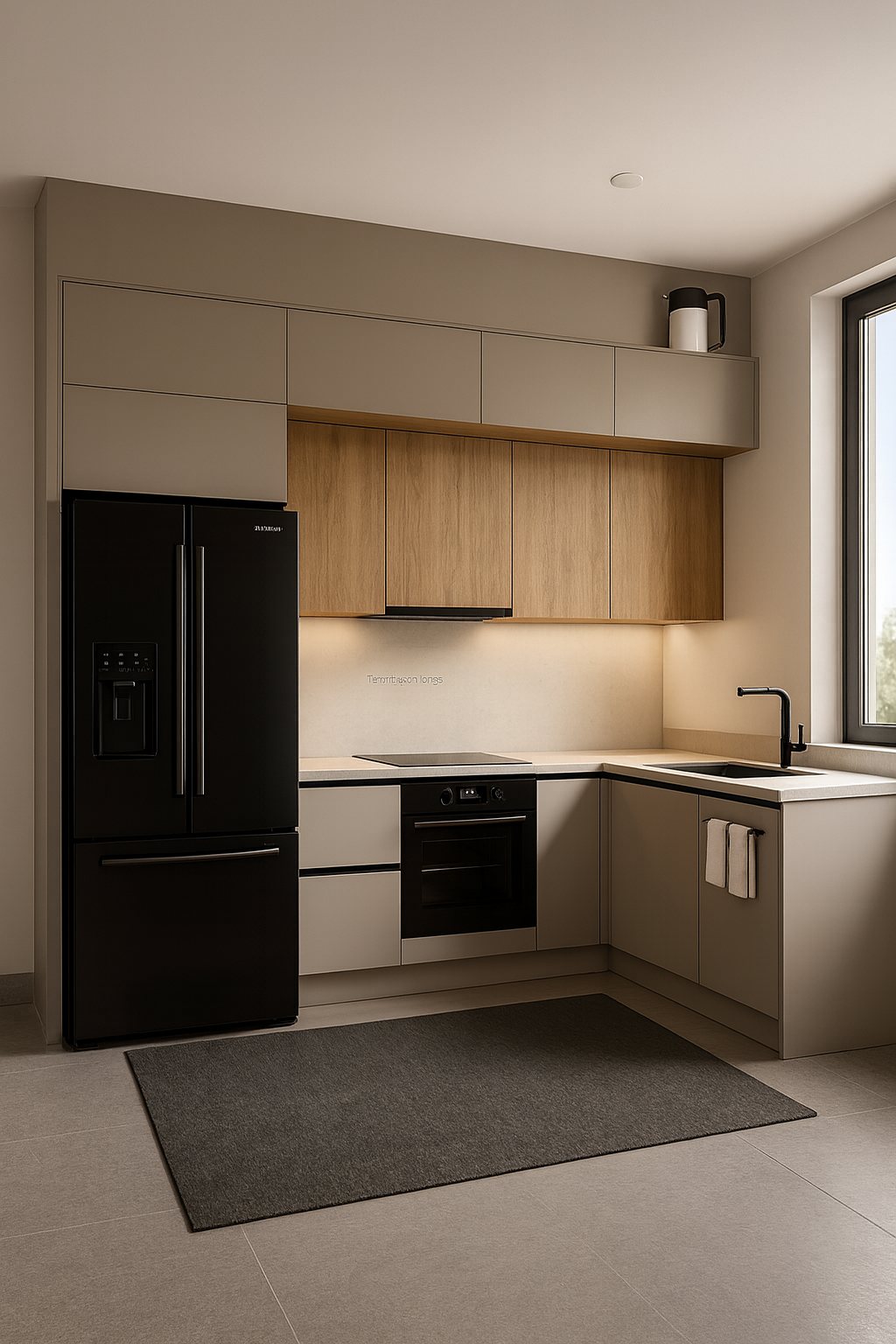 Modern kitchen with timber cabinetry and stone counters