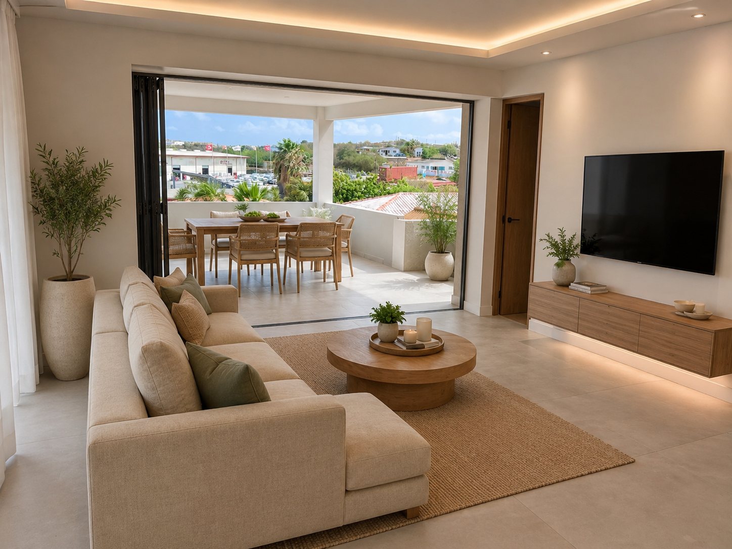 Open-plan living room with sofa, rug and terrace beyond