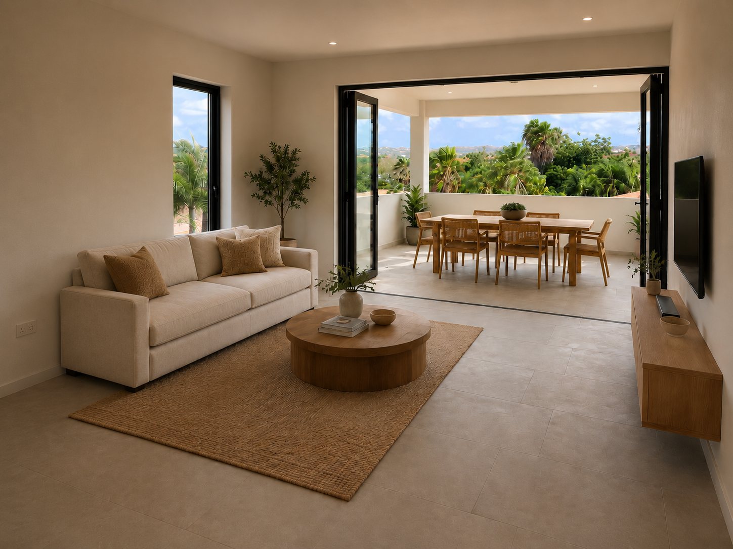 Living room flowing to a covered dining terrace