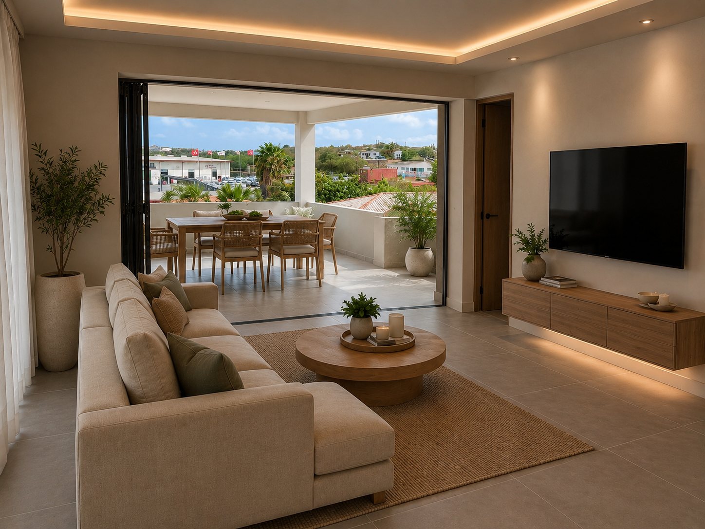 Evening view of the living room with warm lighting