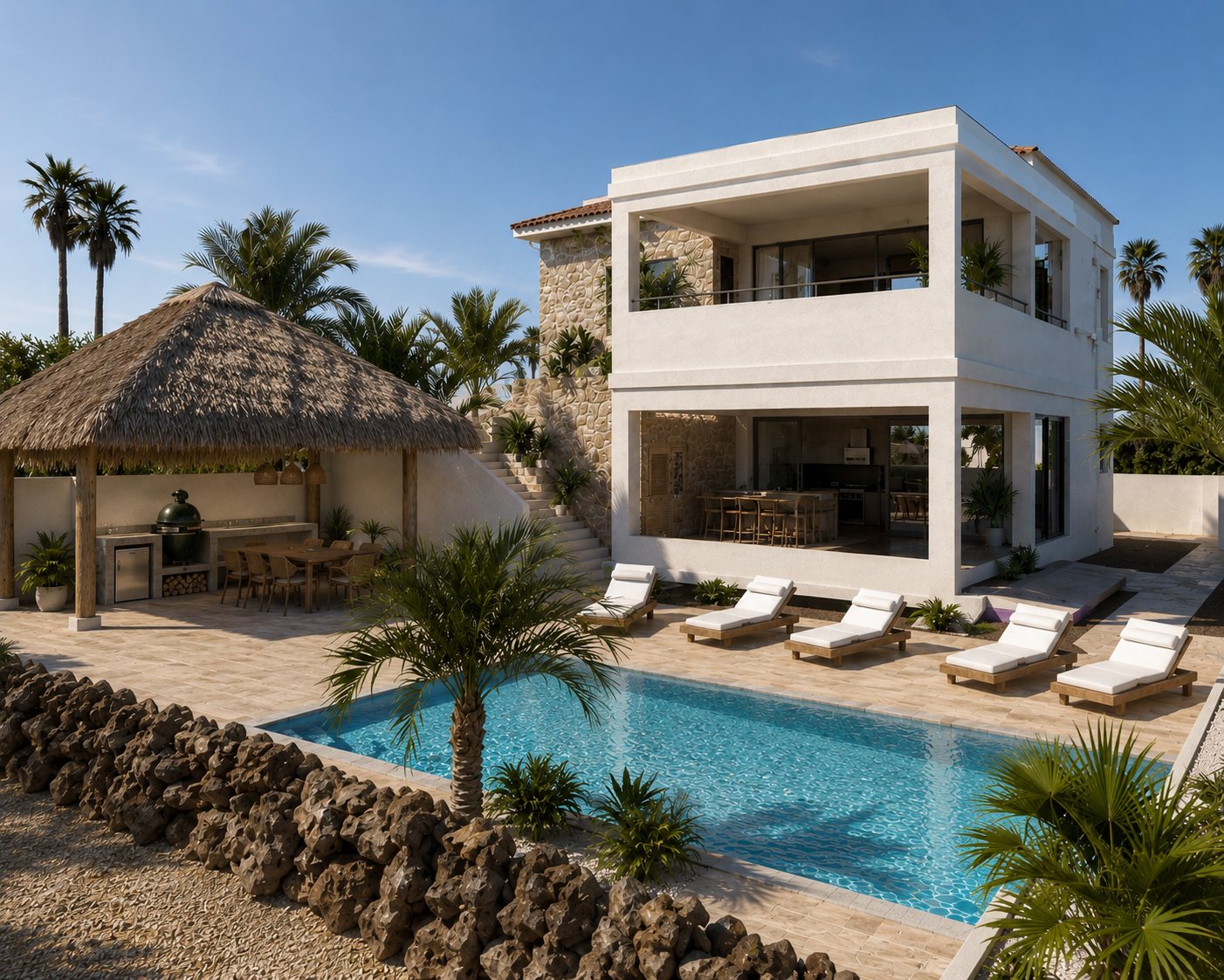 The shared pool, sun loungers and shaded outdoor lounge at the heart of Baliza Verde